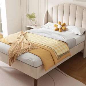 Gestoffeerd bed 90x200cm in fluweel met lattenbodem – Beige