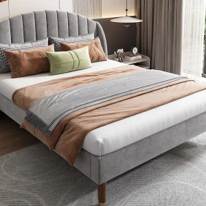 Gestoffeerd bed 140x200cm in fluweel met lattenbodem – Grijs Gestoffeerd bed 140x200cm in fluweel met lattenbodem – Grijs