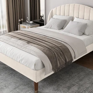 Gestoffeerd bed 140x200cm in fluweel met lattenbodem – Beige Gestoffeerd bed 140x200cm in fluweel met lattenbodem – Beige