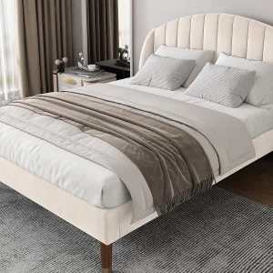 Gestoffeerd bed 140x190cm in fluweel met lattenbodem – Beige