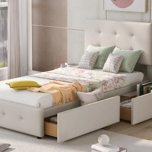 Gestoffeerd fluwelen bed 90x200cm – eenpersoonsbed met 2 lades en lattenbodem – Beige Gestoffeerd fluwelen bed 90x200cm – eenpersoonsbed met 2 lades en lattenbodem – Beige