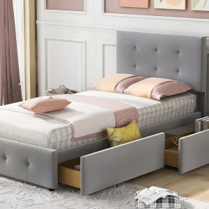 Gestoffeerd fluwelen bed 90x200cm – eenpersoonsbed met 2 lades en lattenbodem – Grijs Gestoffeerd fluwelen bed 90x200cm – eenpersoonsbed met 2 lades en lattenbodem – Grijs