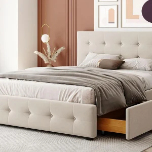Tweepersoonsbed bekleed met fluweel – 140x200cm – met 4 lades en lattenbodem – Beige