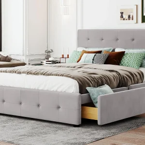 Tweepersoonsbed bekleed met fluweel – 140x200cm – met 4 lades en lattenbodem – Grijs