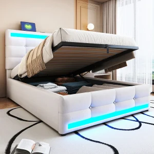 Gestoffeerd opbergbed – 90 x 200 – hydraulische opberging – met USB + LED's – linnen + multiplex + MDF – beige Gestoffeerd opbergbed – 90 x 200 – hydraulische opberging – met USB + LED's – linnen + multiplex + MDF – beige
