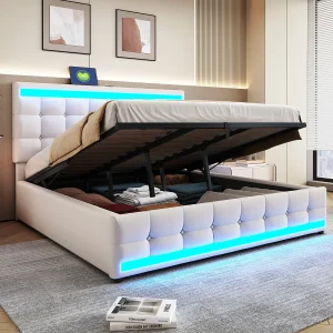 Gestoffeerd opbergbed – 180 x 200 – hydraulische opberging – met USB + LED's – linnen + multiplex + MDF – beige Gestoffeerd opbergbed – 180 x 200 – hydraulische opberging – met USB + LED's – linnen + multiplex + MDF – beige