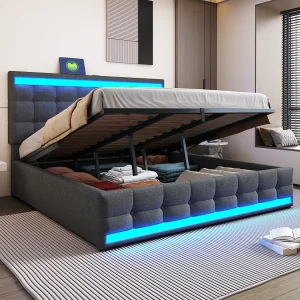 Gestoffeerd opbergbed – 180 x 200 – hydraulische opberging – met USB + LED's – linnen + multiplex + MDF – grijs Gestoffeerd opbergbed – 180 x 200 – hydraulische opberging – met USB + LED's – linnen + multiplex + MDF – grijs