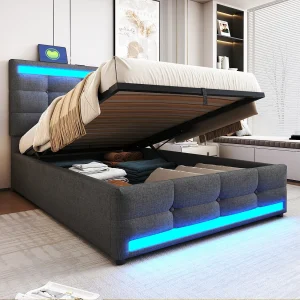Gestoffeerd opbergbed – 90 x 200 – hydraulische opberging – met USB + LED's – linnen + multiplex + MDF – grijs Gestoffeerd opbergbed – 90 x 200 – hydraulische opberging – met USB + LED's – linnen + multiplex + MDF – grijs