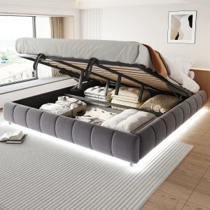 Gestoffeerd opbergbed – 180 x 200 cm – zonder hoofdeinde – met LED's – fluweel + multiplex + MDF – grijs Gestoffeerd opbergbed – 180 x 200 cm – zonder hoofdeinde – met LED's – fluweel + multiplex + MDF – grijs