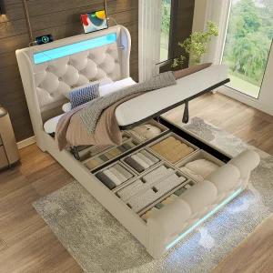 Gestoffeerd opbergbed – 90 x 200 cm – met LED's – opberghoofdeinde en USB – fluweel – beige Gestoffeerd opbergbed – 90 x 200 cm – met LED's – opberghoofdeinde en USB – fluweel – beige