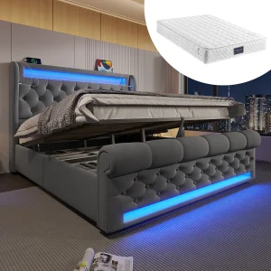 Gestoffeerd opbergbed – 140 x 200 cm – met LED's – hoofdbord met opbergruimte en USB – met matras – fluweel – grijs Gestoffeerd opbergbed – 140 x 200 cm – met LED's – hoofdbord met opbergruimte en USB – met matras – fluweel – grijs