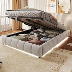 Gestoffeerd bed met opbergruimte – 140 x 200 cm – zonder hoofdeinde – met LED's – fluweel + multiplex + MDF – beige Gestoffeerd bed met opbergruimte – 140 x 200 cm – zonder hoofdeinde – met LED's – fluweel + multiplex + MDF – beige