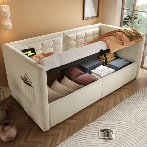 Gestoffeerde slaapbank – 90 x 200 cm – met hydraulische opbergruimte + USB & Type-C – fluweel – beige Gestoffeerde slaapbank – 90 x 200 cm – met hydraulische opbergruimte + USB & Type-C – fluweel – beige