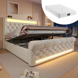Gestoffeerd opbergbed – 140 x 200 cm – met LED's – hoofdbord met opbergruimte en USB – met matras – fluweel – beige Gestoffeerd opbergbed – 140 x 200 cm – met LED's – hoofdbord met opbergruimte en USB – met matras – fluweel – beige