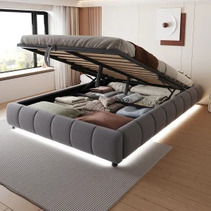 Gestoffeerd opbergbed – 140 x 200 cm – zonder hoofdeinde – met LED's – fluweel + multiplex + MDF – grijs Gestoffeerd opbergbed – 140 x 200 cm – zonder hoofdeinde – met LED's – fluweel + multiplex + MDF – grijs