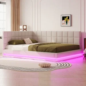 Gestoffeerde slaapbank – 160 x 200 cm – met LED's + USB + lattenbodem – fluweel – beige Gestoffeerde slaapbank – 160 x 200 cm – met LED's + USB + lattenbodem – fluweel – beige