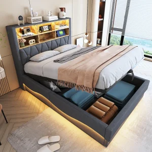 Gestoffeerd opbergbed – 140 x 200 cm – hydraulische opberging – met LED's + USB – Linnen + Metaal + Multiplex + MDF – grijs Gestoffeerd opbergbed – 140 x 200 cm – hydraulische opberging – met LED's + USB – Linnen + Metaal + Multiplex + MDF – grijs