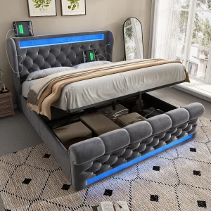 Gestoffeerd opbergbed – 140 x 200 cm – met LED's – opberghoofdeinde en USB – fluweel – grijs Gestoffeerd opbergbed – 140 x 200 cm – met LED's – opberghoofdeinde en USB – fluweel – grijs