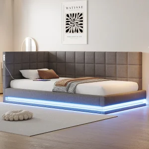 Gestoffeerde slaapbank – 90 x 200 cm – met LED's + USB + lattenbodem – fluweel – grijs Gestoffeerde slaapbank – 90 x 200 cm – met LED's + USB + lattenbodem – fluweel – grijs