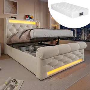 Gestoffeerd opbergbed – 90 x 200 cm – met LED's – hoofdbord met opbergruimte en USB – met matras – fluweel – beige Gestoffeerd opbergbed – 90 x 200 cm – met LED's – hoofdbord met opbergruimte en USB – met matras – fluweel – beige