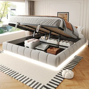 Gestoffeerd opbergbed – 180 x 200 cm – zonder hoofdeinde – met LED's – fluweel + multiplex + MDF – beige Gestoffeerd opbergbed – 180 x 200 cm – zonder hoofdeinde – met LED's – fluweel + multiplex + MDF – beige
