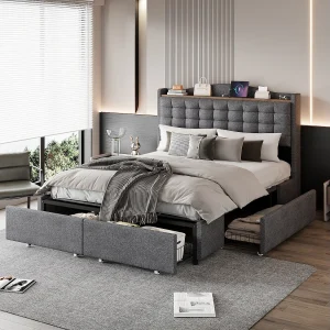 Gestoffeerd opbergbed – 140 x 200 cm – nachtkastje met USB + opbergruimte + 4 lades – linnen + metaal + MDF – grijs Gestoffeerd opbergbed – 140 x 200 cm – nachtkastje met USB + opbergruimte + 4 lades – linnen + metaal + MDF – grijs