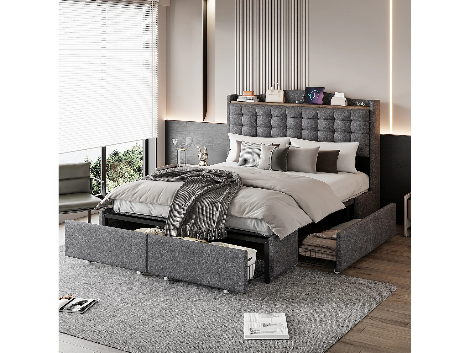 Gestoffeerd opbergbed - 140 x 200 cm - nachtkastje met USB + opbergruimte + 4 lades - linnen + metaal + MDF - grijs