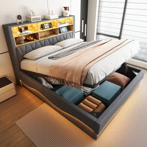 Gestoffeerd opbergbed – 180 x 200 cm – hydraulische opberging – met LED's + USB – Linnen + Metaal + Multiplex + MDF – grijs Gestoffeerd opbergbed – 180 x 200 cm – hydraulische opberging – met LED's + USB – Linnen + Metaal + Multiplex + MDF – grijs