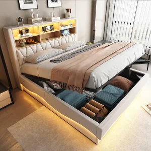 Gestoffeerd opbergbed – 180 x 200 cm – hydraulische opberging – met LED's + USB – Linnen + Metaal + Multiplex + MDF – wit Gestoffeerd opbergbed – 180 x 200 cm – hydraulische opberging – met LED's + USB – Linnen + Metaal + Multiplex + MDF – wit