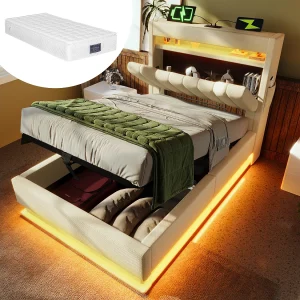 Gestoffeerd opbergbed – 90 x 200 cm – opberghoofdeinde met USB en Type-C – met LED's – met matras – linnen – beige Gestoffeerd opbergbed – 90 x 200 cm – opberghoofdeinde met USB en Type-C – met LED's – met matras – linnen – beige