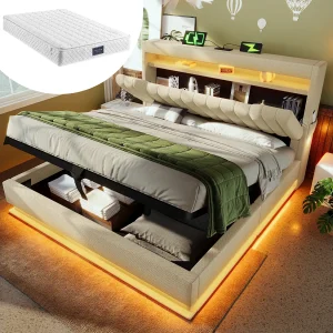 Gestoffeerd opbergbed – 160 x 200 cm – opberghoofdeinde met USB en Type-C – met LED's – met matras – linnen – beige Gestoffeerd opbergbed – 160 x 200 cm – opberghoofdeinde met USB en Type-C – met LED's – met matras – linnen – beige