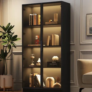 Glazen vitrine 80x40x160 cm – met LED-verlichting – met verstelbare planken – met 2 deuren – zwart Glazen vitrine 80x40x160 cm – met LED-verlichting – met verstelbare planken – met 2 deuren – zwart