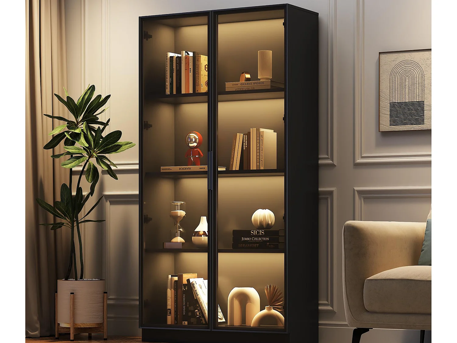 Glazen vitrine 80x40x160 cm - met LED-verlichting - met verstelbare planken - met 2 deuren - zwart