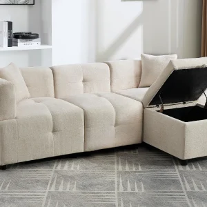Hoekbank 3-zits – met opbergruimte – afneembare voetenbank – 2 kussens – beige Hoekbank 3-zits – met opbergruimte – afneembare voetenbank – 2 kussens – beige