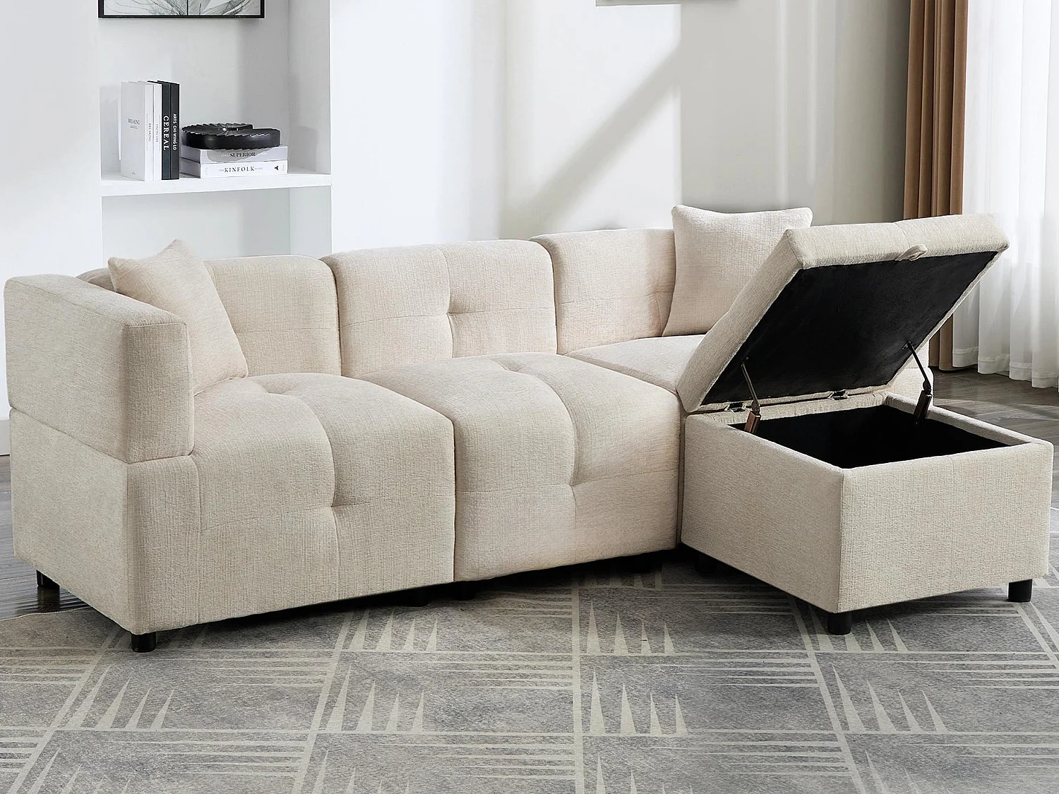 Hoekbank 3-zits - met opbergruimte - afneembare voetenbank - 2 kussens - beige