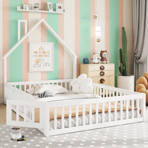 Gestoffeerd kinderbed – 140 x 190 cm – haardvormig – met lattenbodem (zonder matras) – MDF – wit