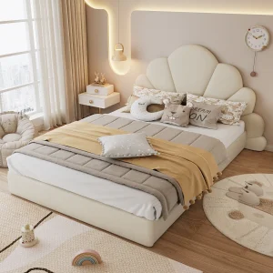 Gestoffeerd eenpersoonsbed voor kinderen – 140 x 200 cm – Hoofdbord met gebogen bloemblaadjes – Fluweel – Beige Gestoffeerd eenpersoonsbed voor kinderen – 140 x 200 cm – Hoofdbord met gebogen bloemblaadjes – Fluweel – Beige