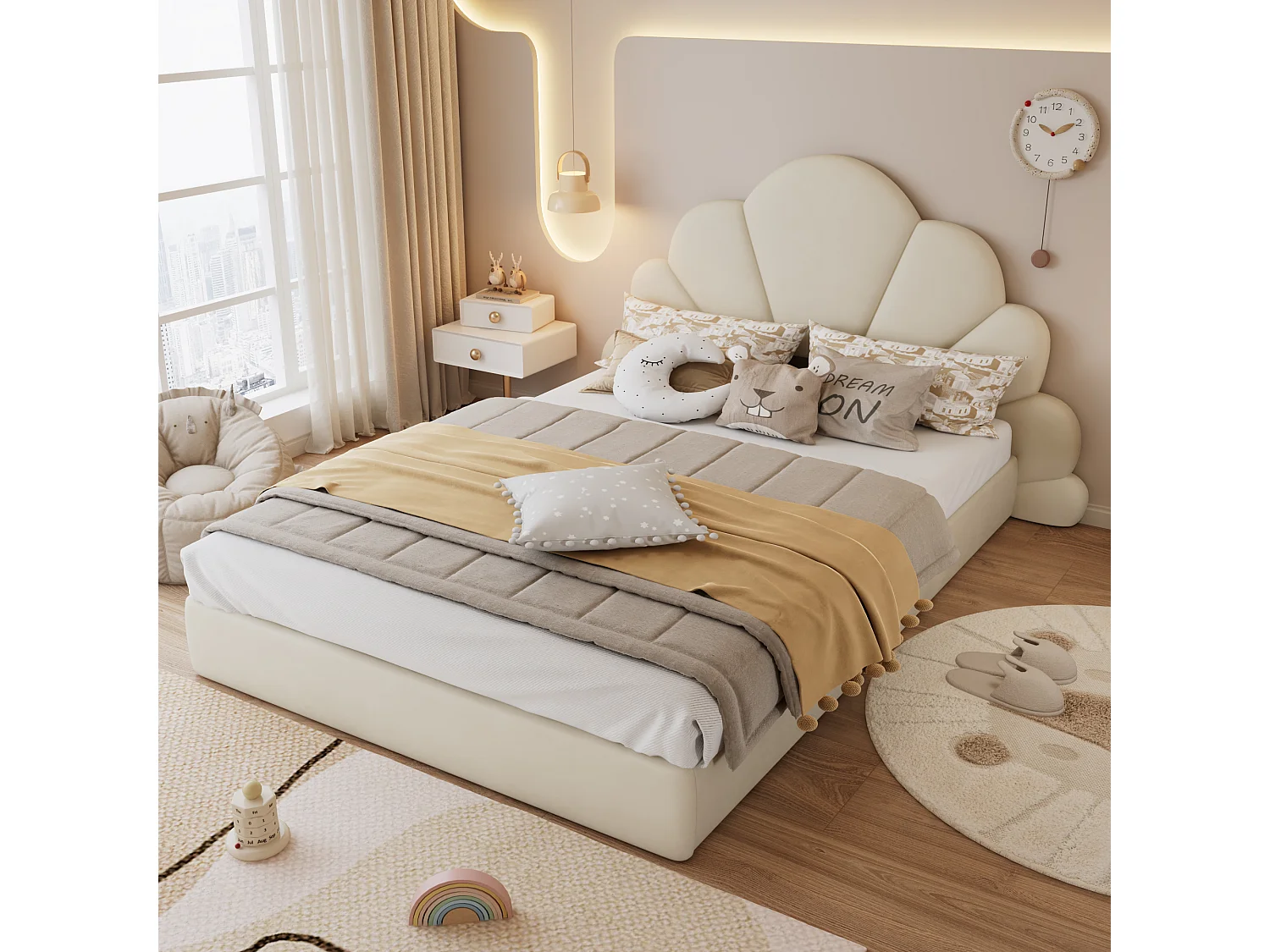 Gestoffeerd eenpersoonsbed voor kinderen - 140 x 200 cm - Hoofdbord met gebogen bloemblaadjes - Fluweel - Beige