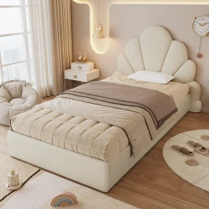 Gestoffeerd eenpersoonsbed voor kinderen – 90 x 200 cm – Hoofdbord met gebogen bloemblaadjes – Fluweel – Beige Gestoffeerd eenpersoonsbed voor kinderen – 90 x 200 cm – Hoofdbord met gebogen bloemblaadjes – Fluweel – Beige
