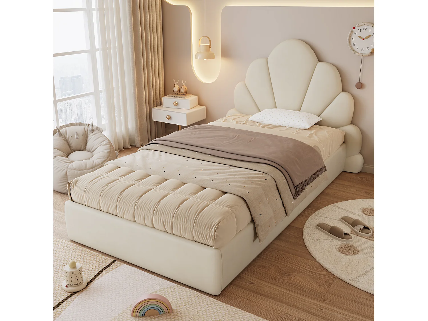 Gestoffeerd eenpersoonsbed voor kinderen - 90 x 200 cm - Hoofdbord met gebogen bloemblaadjes - Fluweel - Beige