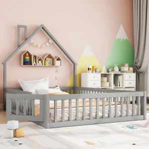 Gestoffeerd kinderbed – 140 x 190 cm – haardvormig – met lattenbodem (zonder matras) – MDF – grijs