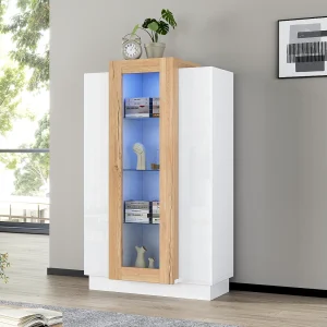 Glanzende vitrinekast – 74 x 40 x 120 cm – met 3 deuren + LED's + opbergplanken – Spaanplaat + gehard glas – wit
