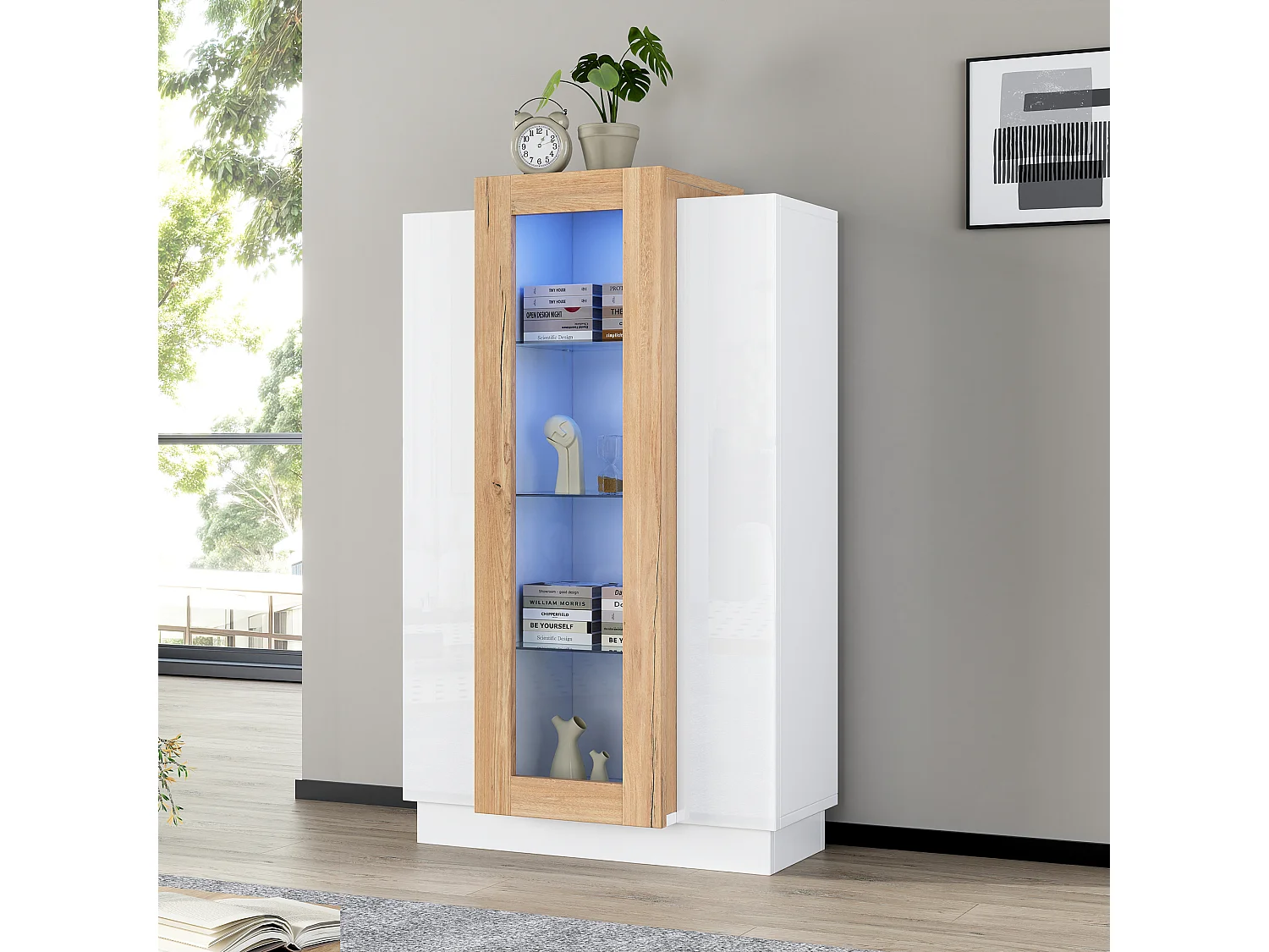 Glanzende vitrinekast - 74 x 40 x 120 cm - met 3 deuren + LED's + opbergplanken - Spaanplaat + gehard glas - wit