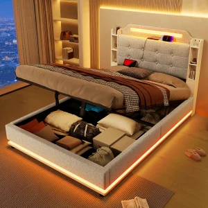 Gestoffeerd opbergbed – 140 x 200 cm – met LED's + USB + TYPE-C – hoofdeinde met opbergruimte – linnen – beige Gestoffeerd opbergbed – 140 x 200 cm – met LED's + USB + TYPE-C – hoofdeinde met opbergruimte – linnen – beige