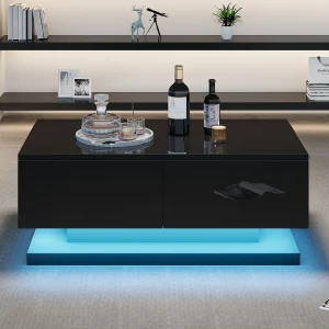 Glanzende salontafel – 90 x 50 x 38 cm – salontafel met 2 lades + LED's – spaanplaat – zwart