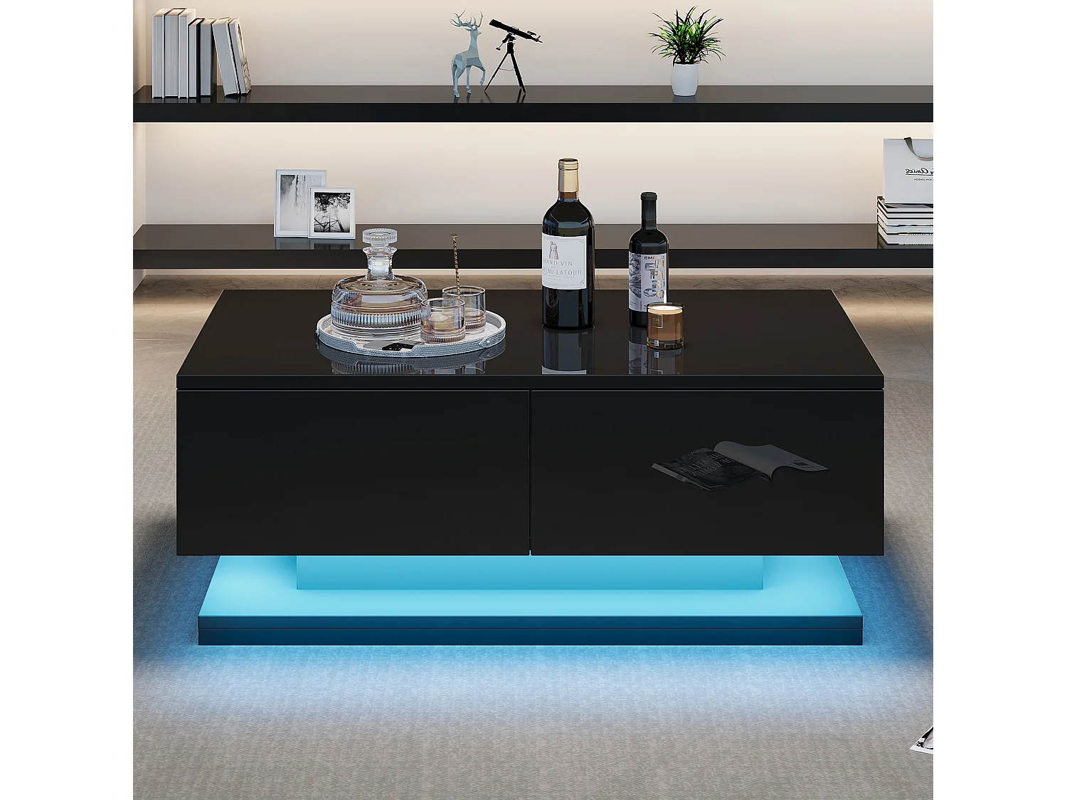 Glanzende salontafel - 90 x 50 x 38 cm - salontafel met 2 lades + LED's - spaanplaat - zwart