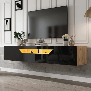 Glanzende wandkast – 180 x 37 x 36 cm – met 3 deuren + LED's – voor 75 inch tv's – spaanplaat – zwart