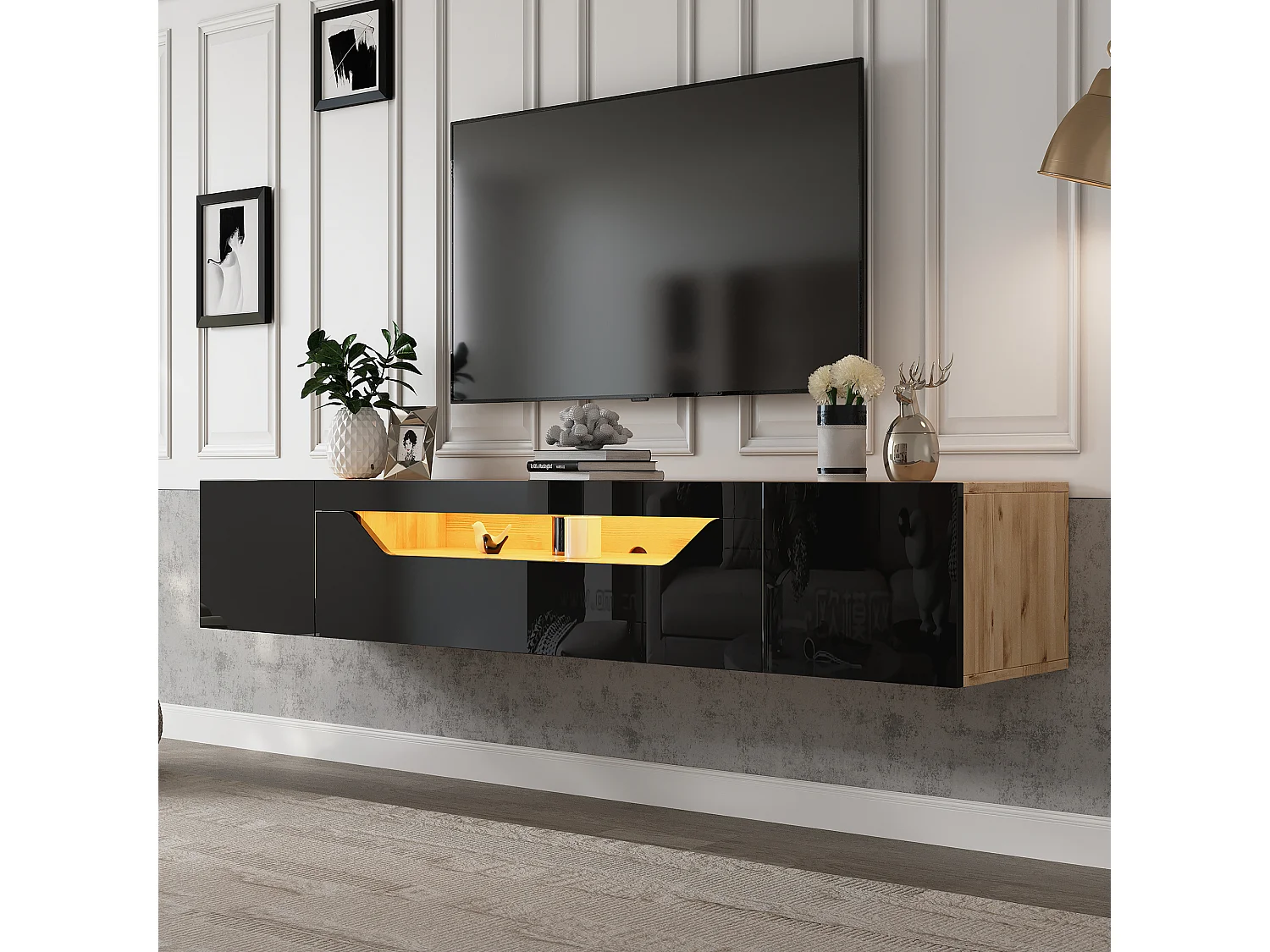 Glanzende wandkast - 180 x 37 x 36 cm - met 3 deuren + LED's - voor 75 inch tv's - spaanplaat - zwart