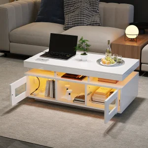 Glanzende salontafel – 100 x 50 x 43 cm – met LED's + 2 deuren + oplaadpoort en stopcontact – spaanplaat – wit
