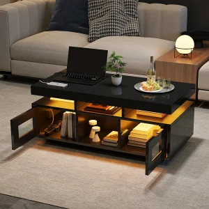 Glanzende salontafel – 100 x 50 x 43 cm – met LED's + 2 deuren + oplaadpoort en stopcontact – spaanplaat – zwart